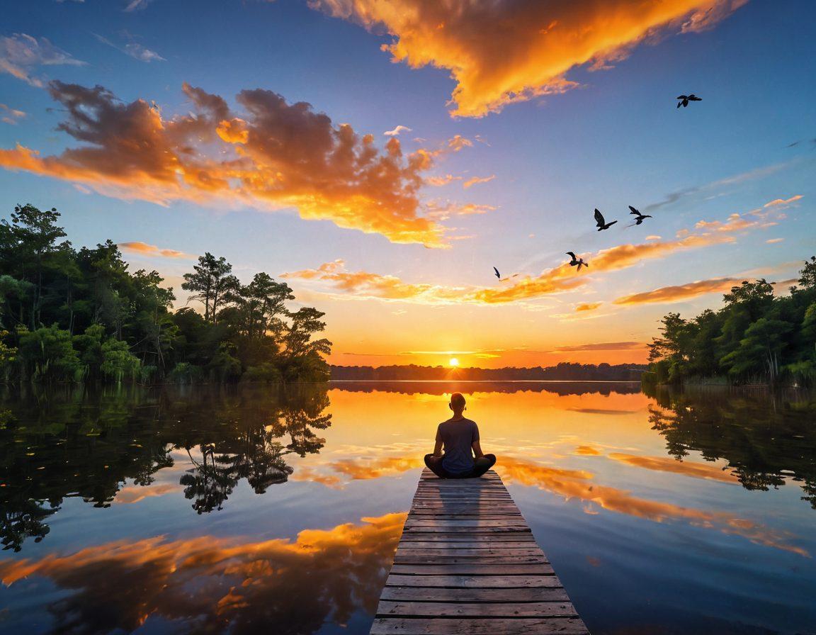 A serene landscape featuring a sunrise over a calm lake, reflecting vibrant oranges and yellows. In the foreground, a person sits cross-legged on a wooden dock, meditating peacefully, surrounded by lush greenery. Above, birds soar freely in a clear blue sky, symbolizing upliftment and joy. Elegant, swirling text overlays convey positive affirmations about well-being. vibrant colors. super-realistic. tranquil atmosphere.