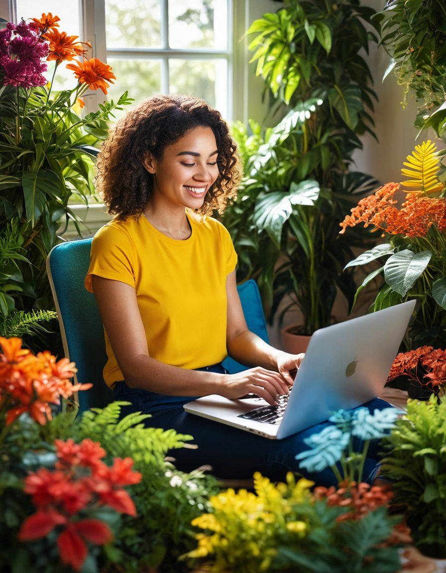A vibrant scene of a person joyfully typing on a laptop surrounded by colorful plants and inspiring quotes in the air, with warm sunlight streaming in to symbolize positivity and fulfillment. The atmosphere should feel uplifting and creative, showcasing elements of nature merging with technology. super-realistic. vibrant colors. bright background.